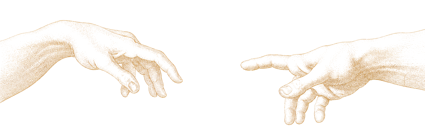 Due mani incise che si avvicinano, firma visiva Fidus